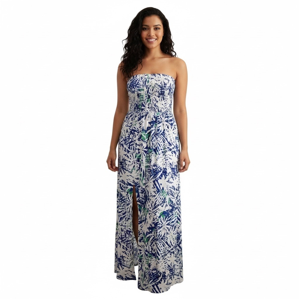 Marc New York Blue White Palm Smocked Maxi Dress Medium - Picture 1 of 5